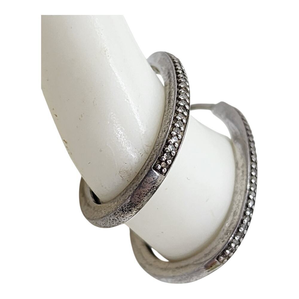 Sterling Silver Diamond Hoop Earrings Pave Set Oval Hoops Vintage Style - Picture 5 of 16
